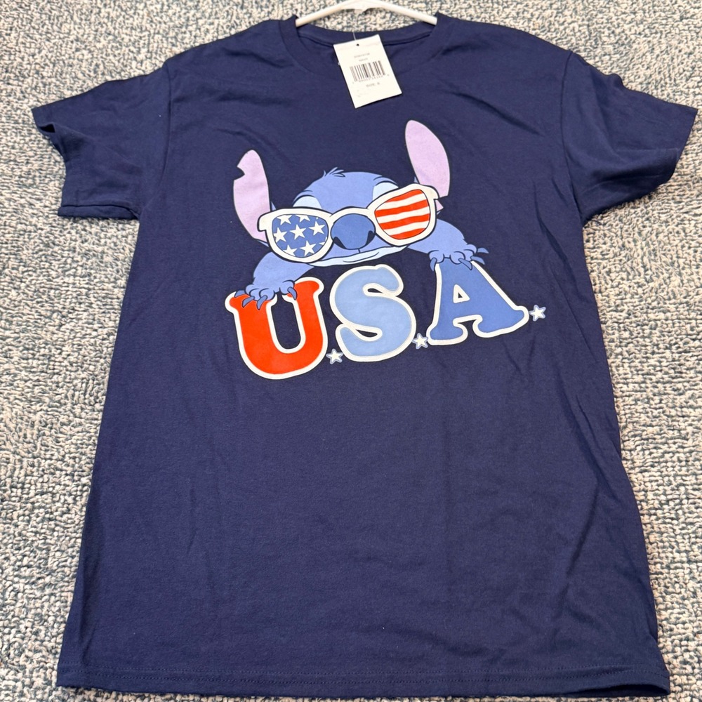 Disney Stitch USA Flag Sunglasses Navy Blue Graphic T-Shirt Small NWT 2DNY9138